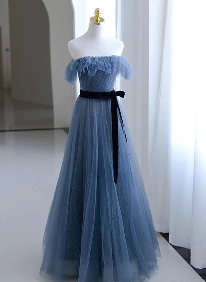 Floor Length Blue Tulle A-line Off Shoulder Long Ruffle Party Dress